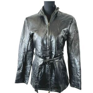 Vintage Navarre Genuine Leather Patchwork Black Belted Trench‎ Coat Womens Med